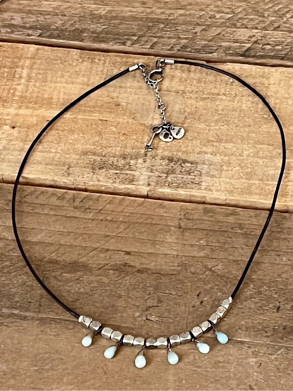 Fossil Amazonite Nugget Drops Leather Cord Silver Cube Necklace 20” - Picture 2 of 4